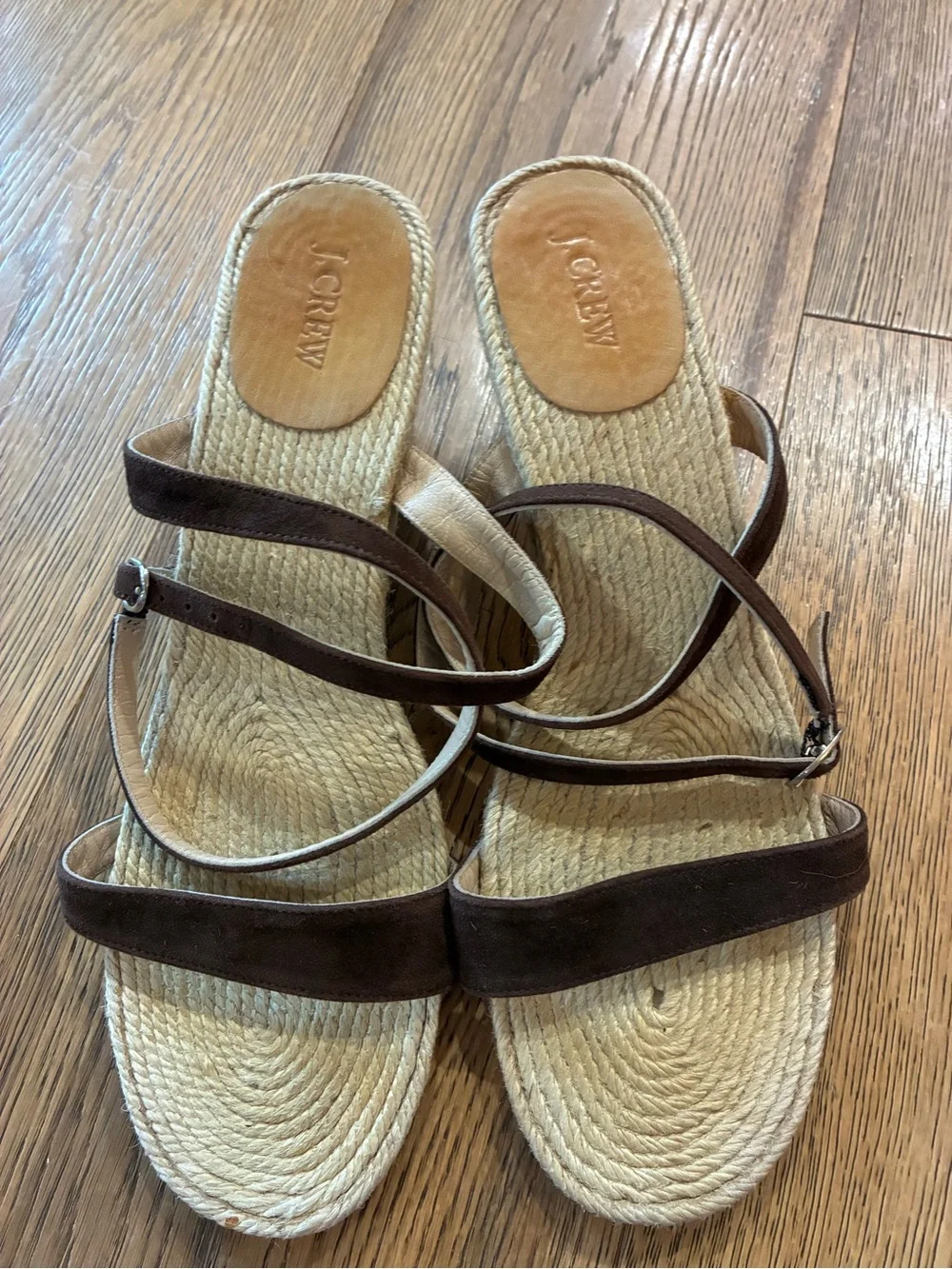 J. Crew Dark Brown Suede Strappy Espadrille Sandals size 10 wedge heel buckle